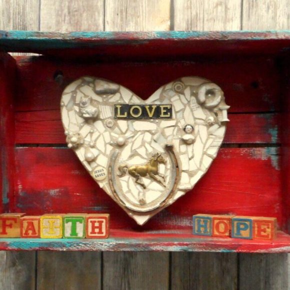 Heart Box Sculpture Mosaic Assemblage Folk Art
